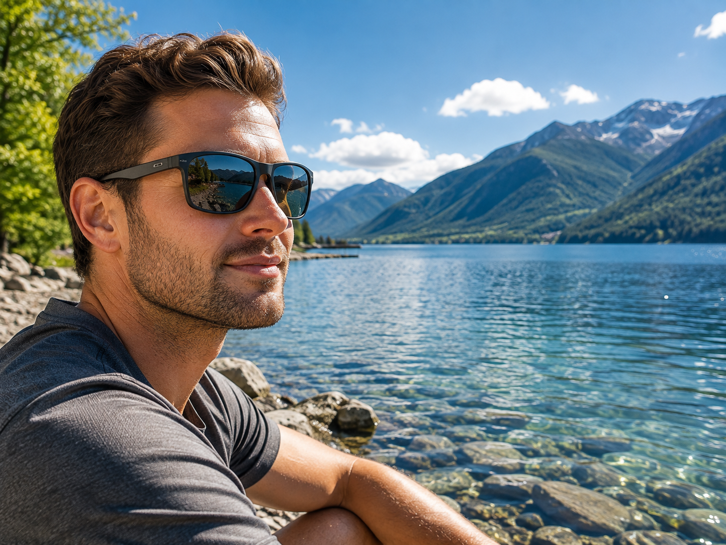 Person trägt eine polarisierende Sonnenbrille und blickt blendfrei auf einen See bei sonnigem Wetter.