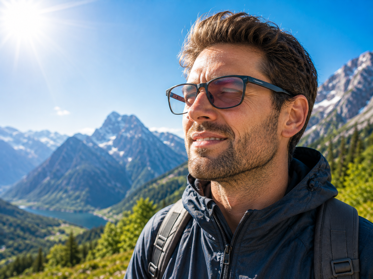 Person kneift bei hellem Sonnenlicht die Augen zusammen und trägt eine Brille mit Kantenfilter.