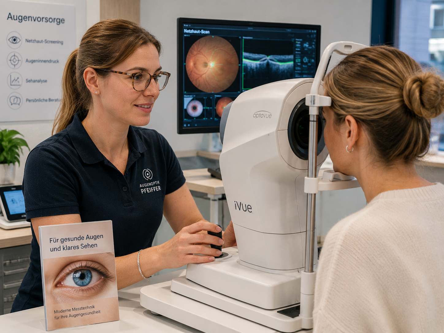 Eine Augenoptikerin untersucht mit moderner Messtechnik die Augen einer Kundin im Rahmen einer Augenvorsorge.