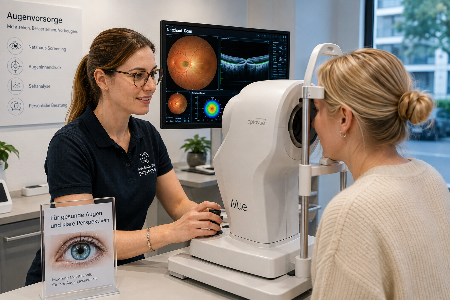 Eine Augenoptikerin untersucht mit moderner Messtechnik die Augen einer Kundin im Rahmen einer Augenvorsorge.