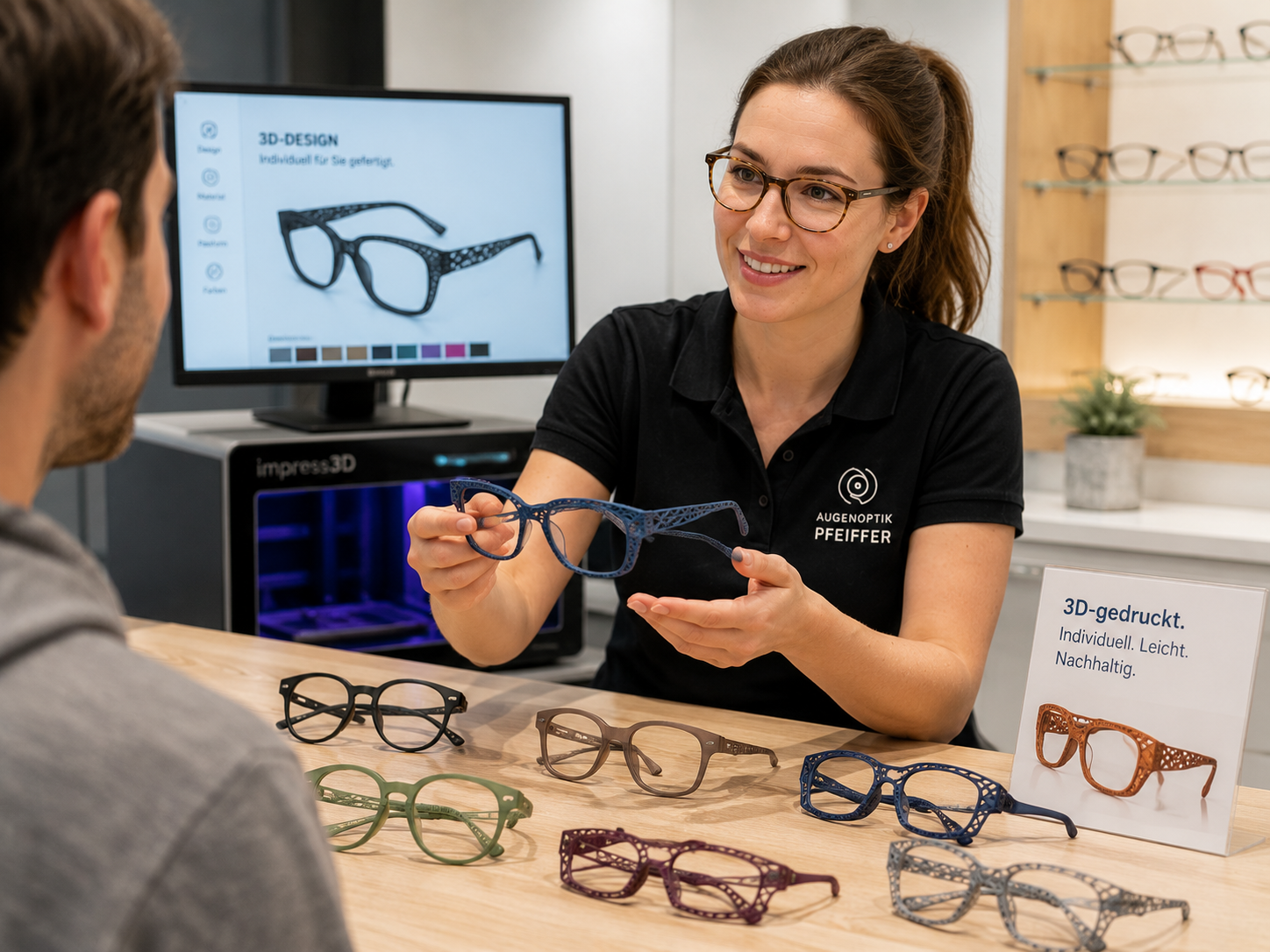 Moderne handgefertigte 3D-gedruckte Brillenfassungen in verschiedenen Farben auf einem Beratungstisch.