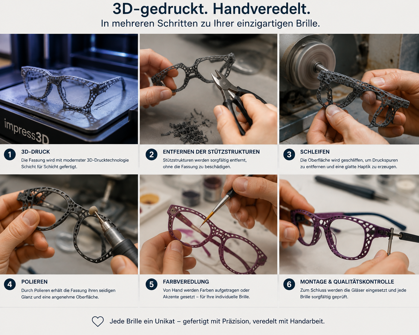 Eine 3D-gedruckte Brillenfassung wird in mehreren Fertigungsschritten von Hand veredelt.