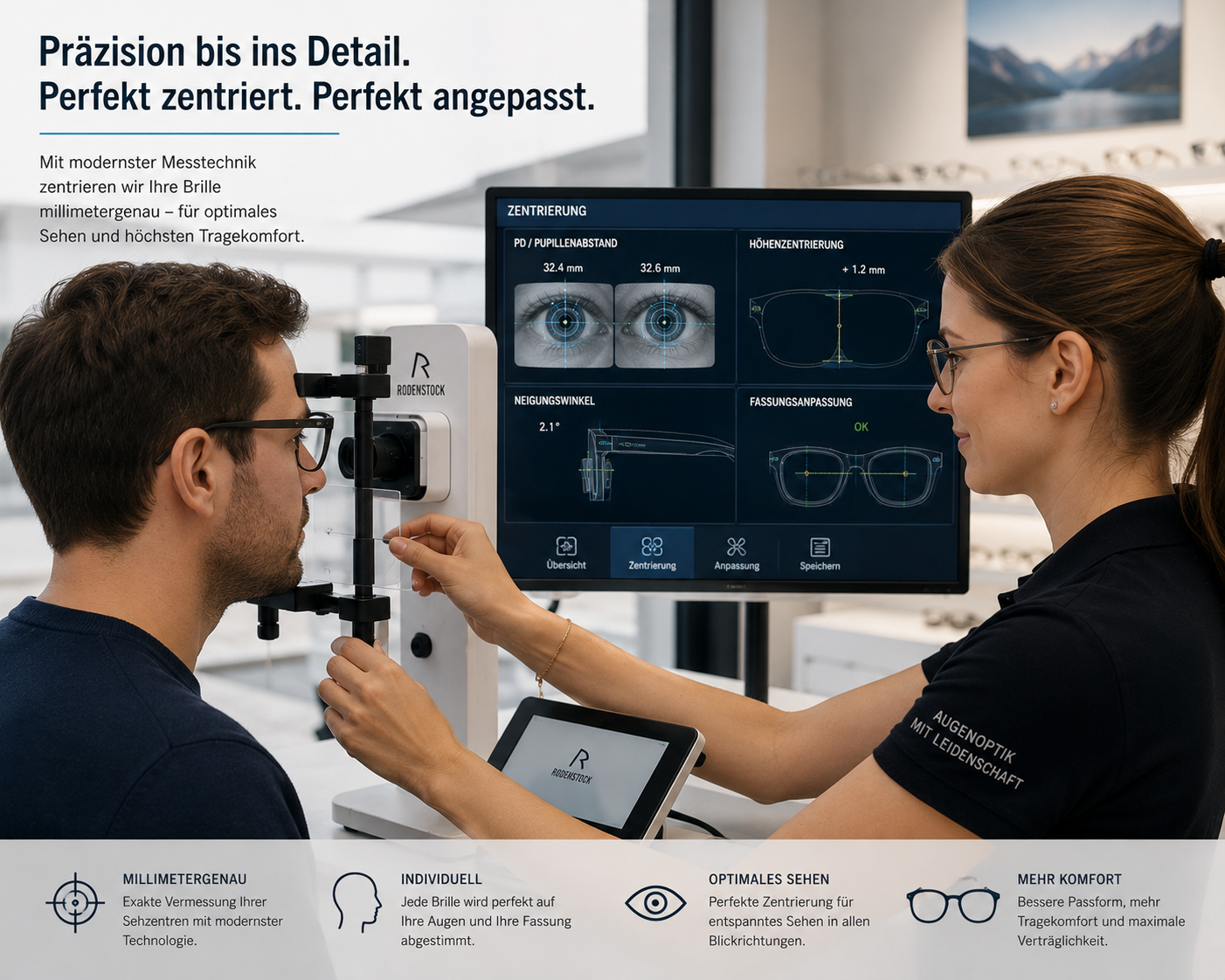 Augenoptiker zentriert eine Brille mithilfe digitaler Messtechnik für eine präzise Anpassung an die Augen des Kunden.