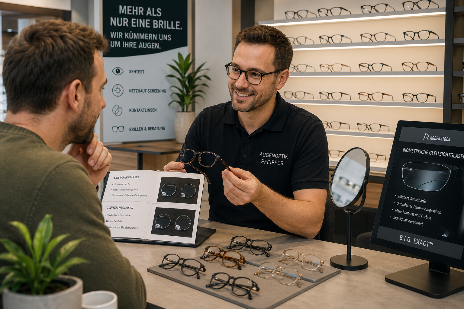 Augenoptiker berät einen Kunden zu verschiedenen Brillenfassungen und Brillengläsern in einem modernen Fachgeschäft.
