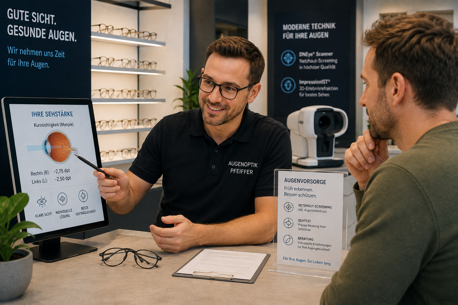 Augenoptiker berät einen Kunden zu Sehstärke und Augenvorsorge in einem modernen Fachgeschäft.