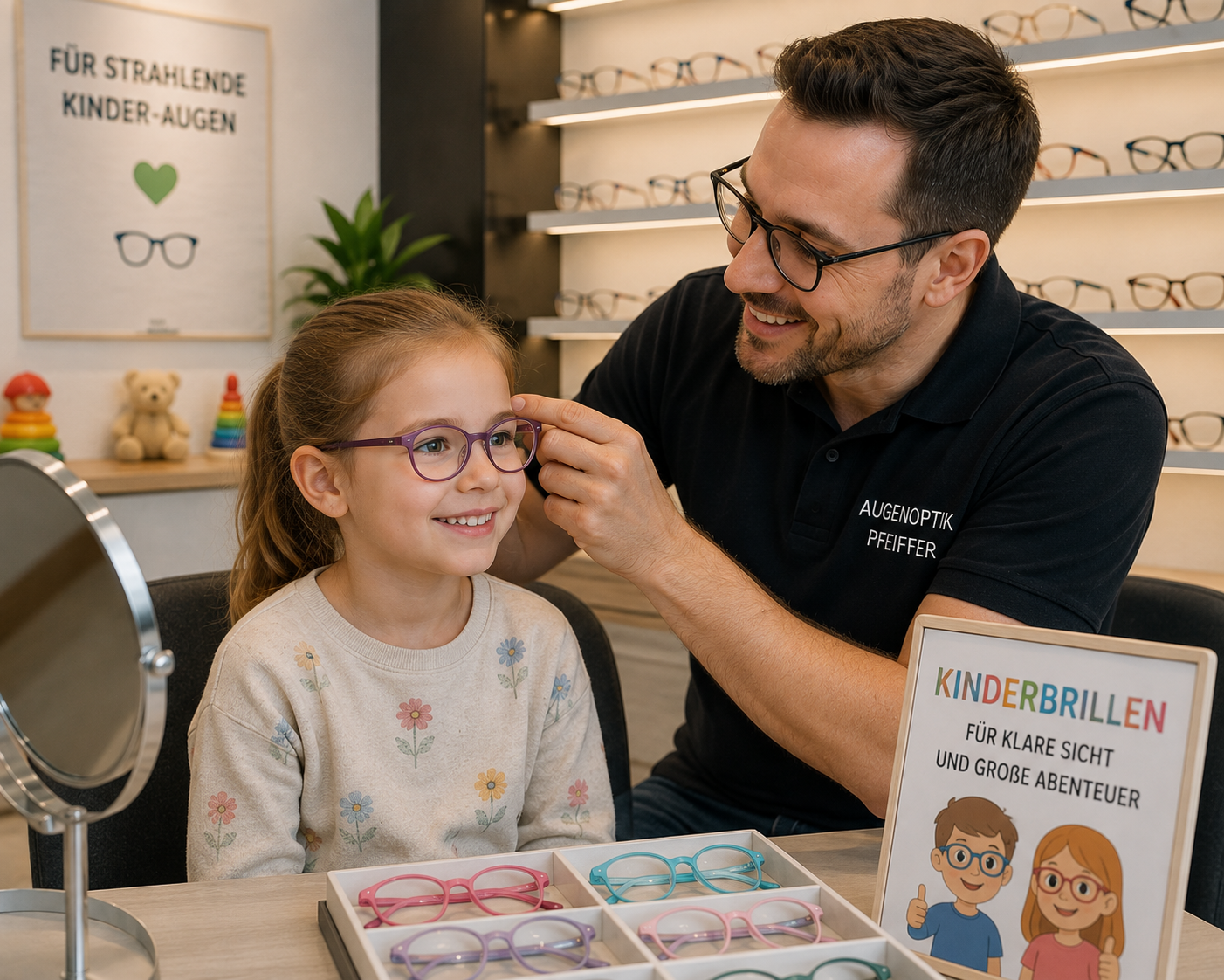 Kind probiert gemeinsam mit einem Augenoptiker eine Kinderbrille an.