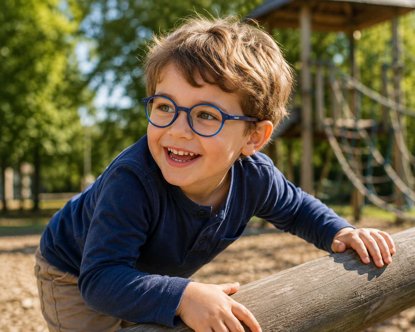 Kind trägt eine flexible Nano Vista Kinderbrille beim Spielen im Freien.