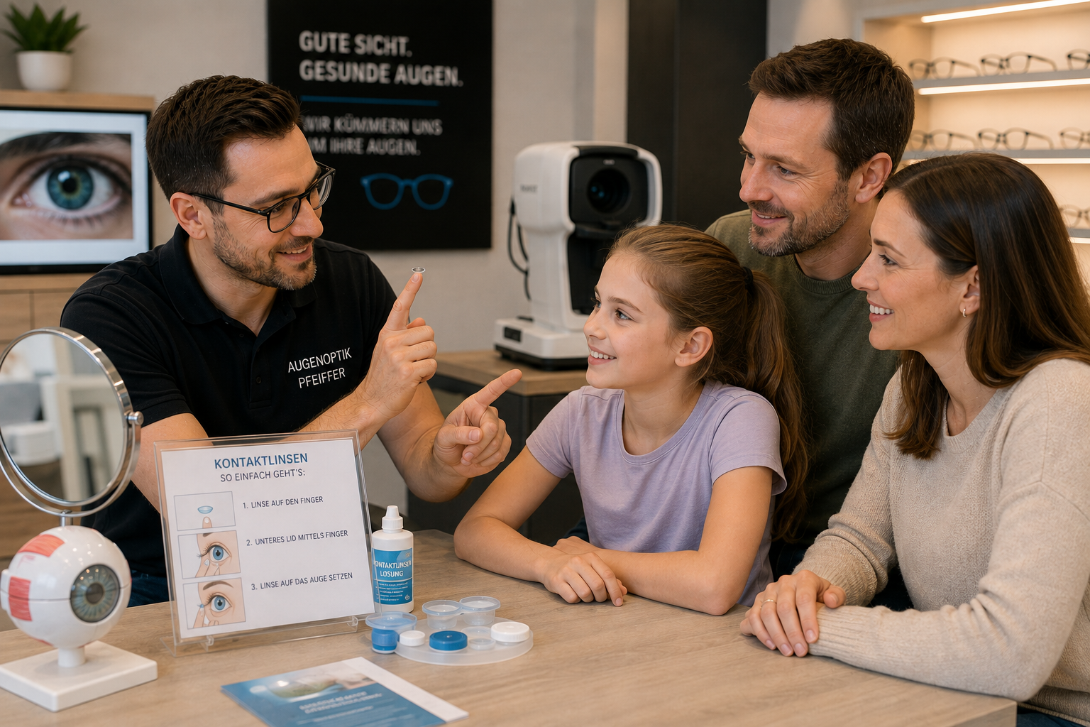 Augenoptiker erklärt einem Kind gemeinsam mit den Eltern das Einsetzen weicher Kontaktlinsen in einem modernen Optikfachgeschäft.