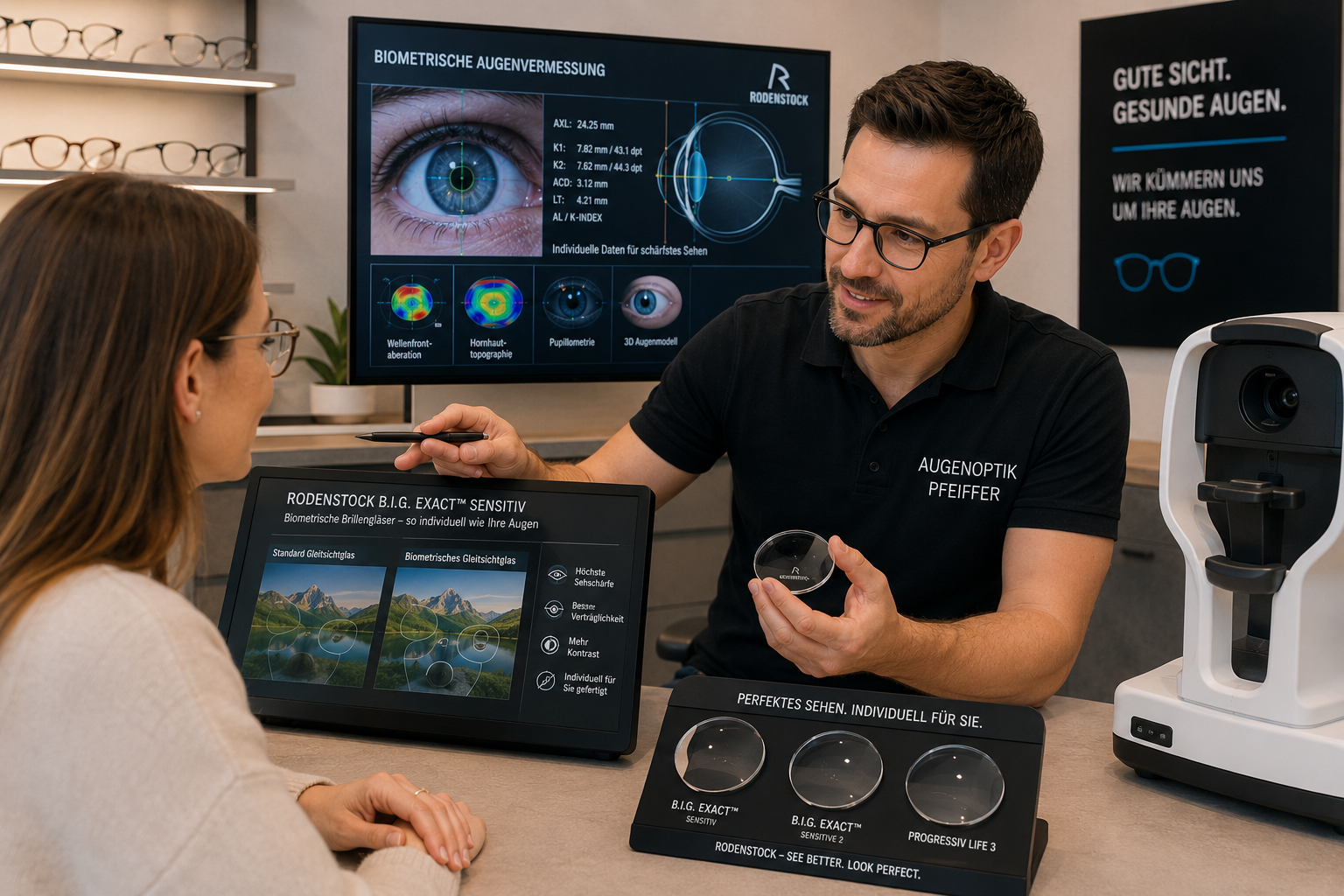 Augenoptiker erklärt einer Kundin moderne Rodenstock Brillengläser anhand einer biometrischen Augenvermessung und digitaler Beratung.