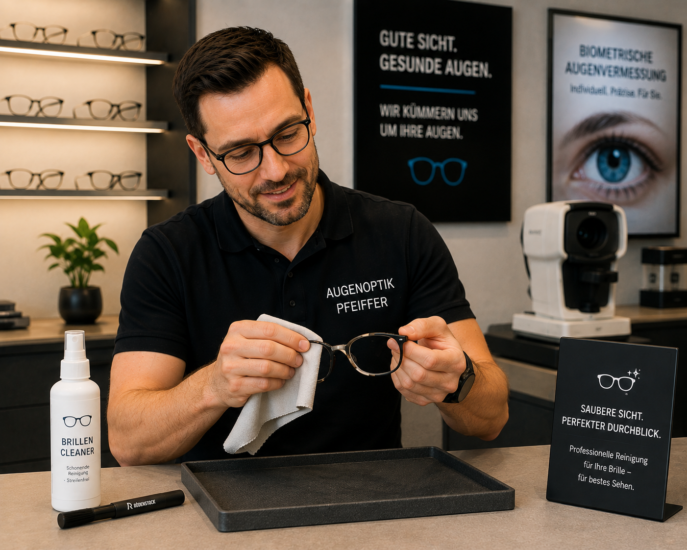 Augenoptiker reinigt eine Brille mit Mikrofasertuch und professionellem Brillenreiniger.