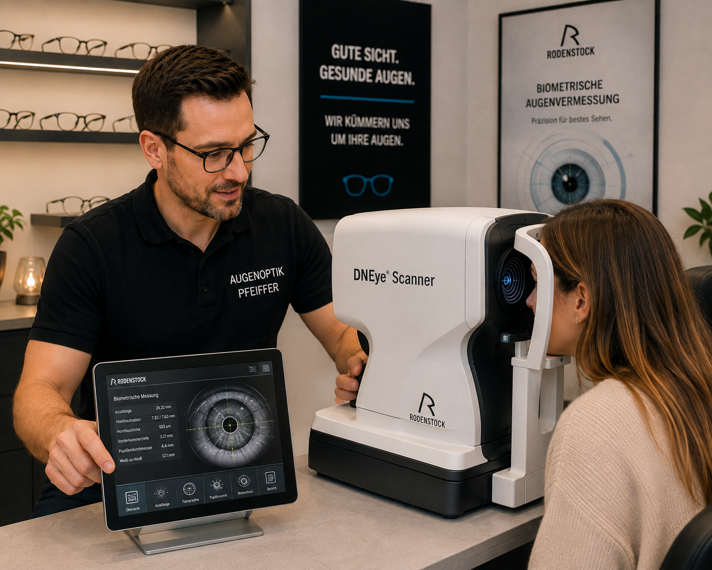 Augenoptiker führt mit dem Rodenstock DNEye® Scanner eine biometrische Augenvermessung bei einer Kundin durch.