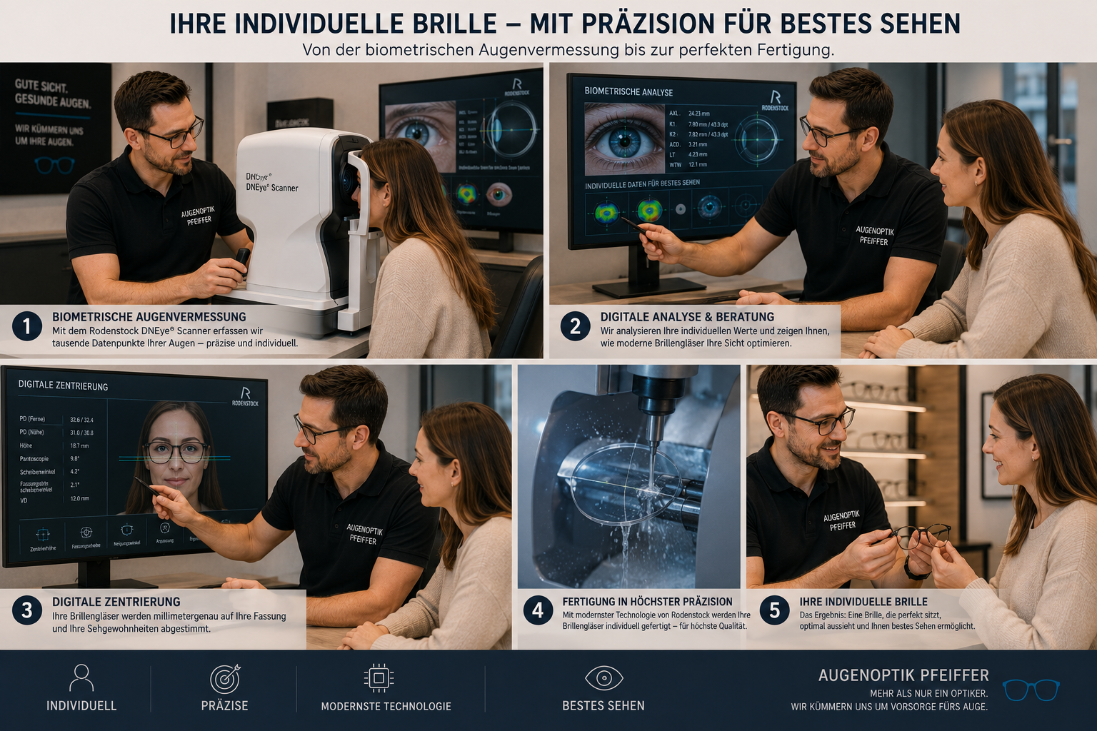 Augenoptiker begleitet eine Kundin von der biometrischen Augenvermessung bis zur digitalen Zentrierung und Fertigung einer individuellen Brille.