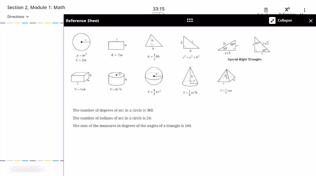 The test section for math has a reference sheet that you can access any time