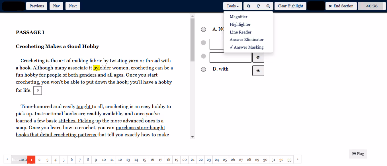 What a typical digital ACT screen might look like. Note the set of tools at the top.