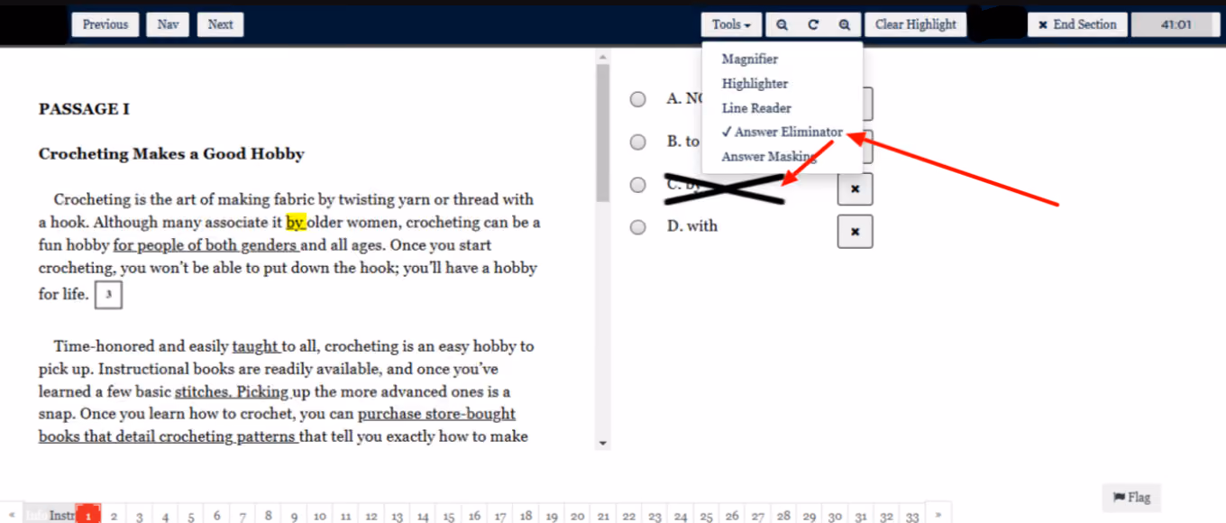 Using the Answer Eliminator option, you may eliminate as many answer choices as you want
