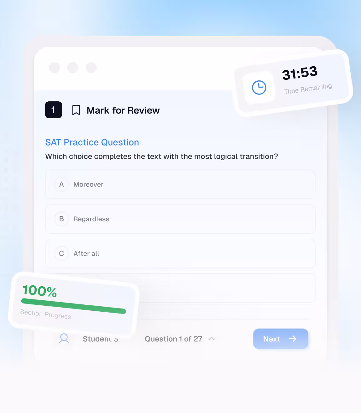 Bluebook and TestNav style exam interface