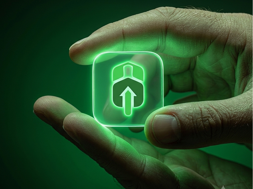 Hand holding a glowing green transparent square tile featuring the Motodisk app logo.