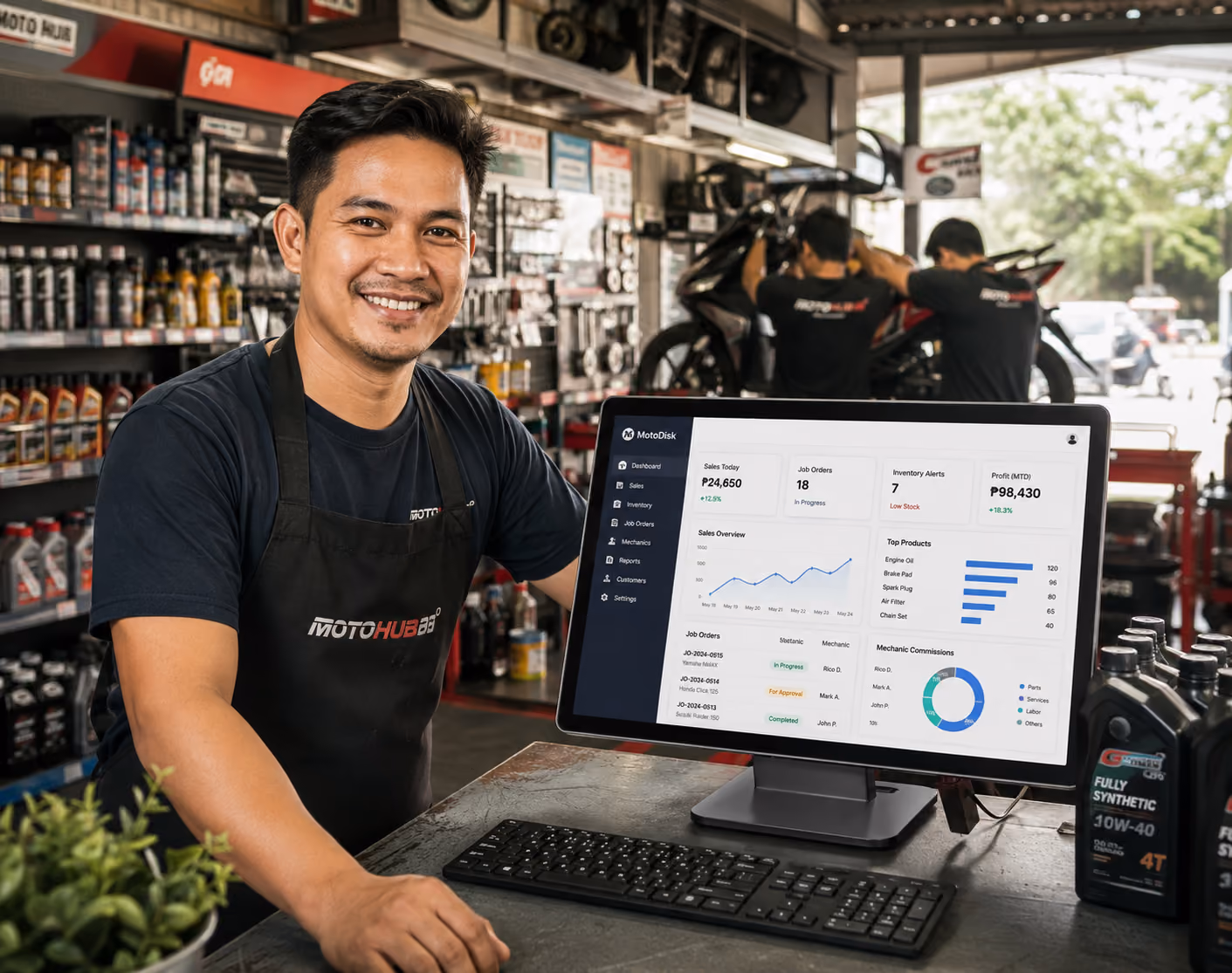 MotoDisk motorcycle shop owner using the MotoDisk shop management dashboard at a motorcycle repair shop.