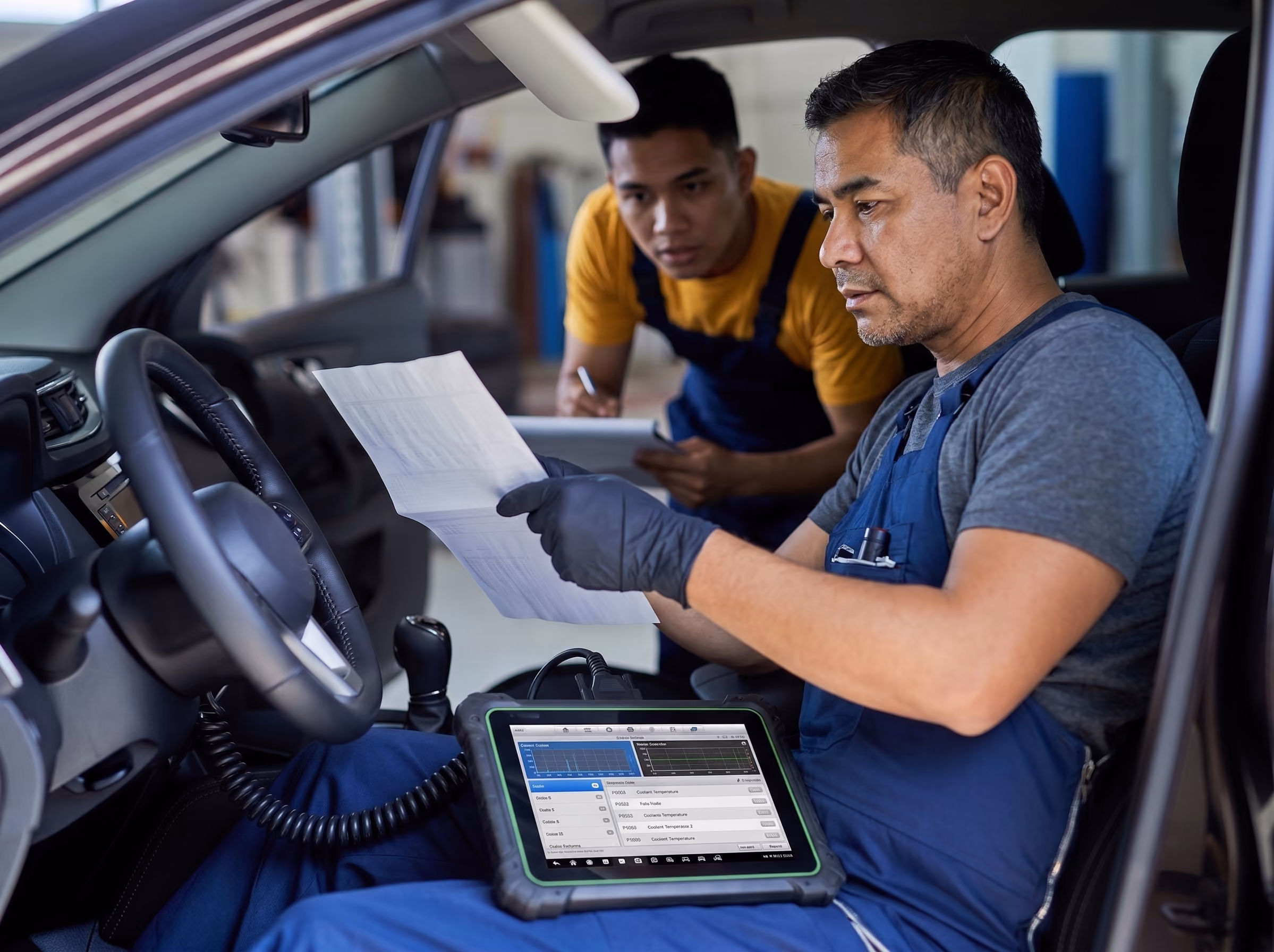 Mechanic checking vehicle inspection sheet while using a Motodisk diagnostic tablet inside a car.