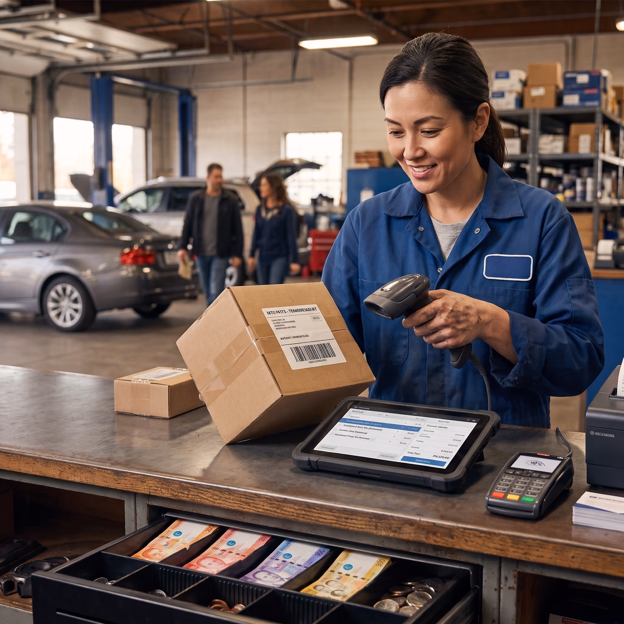 Auto repair shop staff scanning a package barcode using Motodisk point of sale (POS) terminal and cash register counter.
