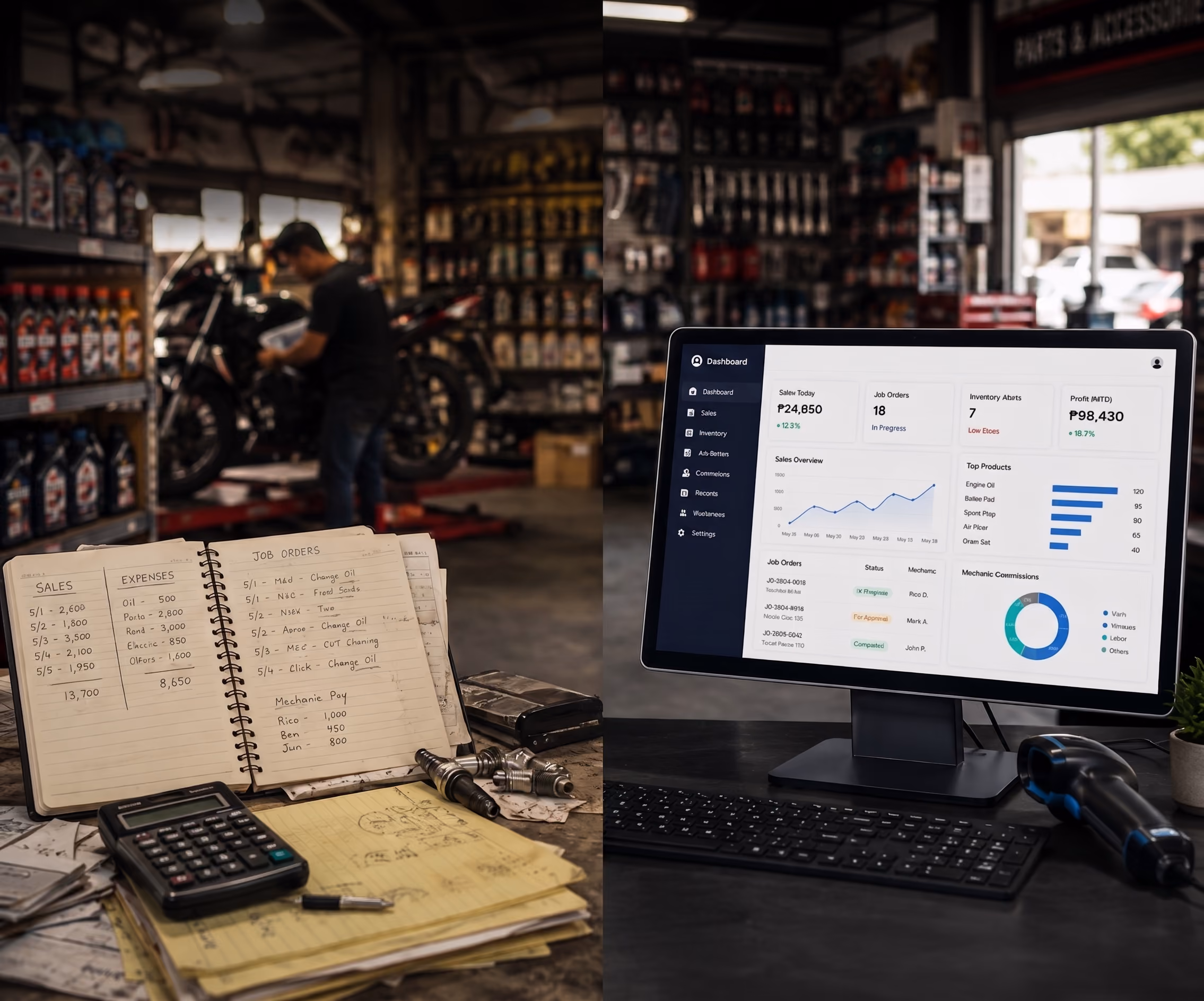 MotoDisk motorcycle shop management dashboard replacing manual sales, expense, and job order tracking with digital shop management.