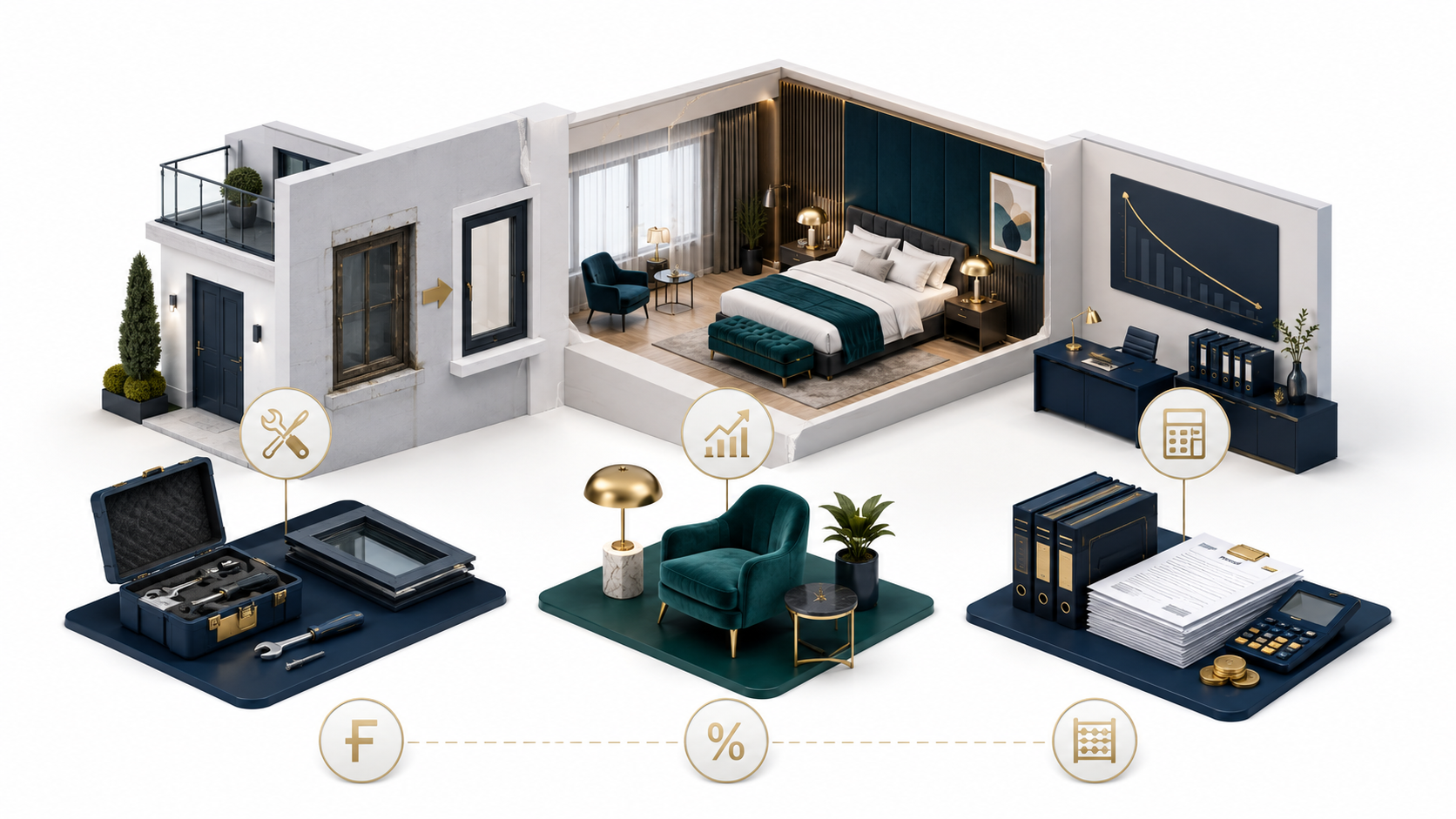 Isometric representation of a professionally managed accommodation property with invoices, tools and furnishings classified for tax purposes as maintenance, capital expenditure and