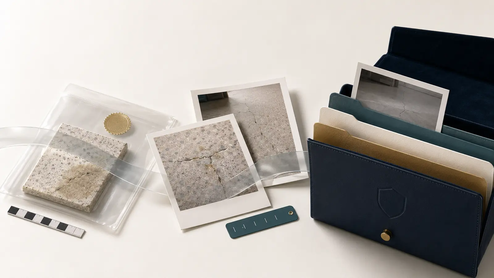 Documented property damage with an evidence scale, comparative photographs, and an organized digital damage file.