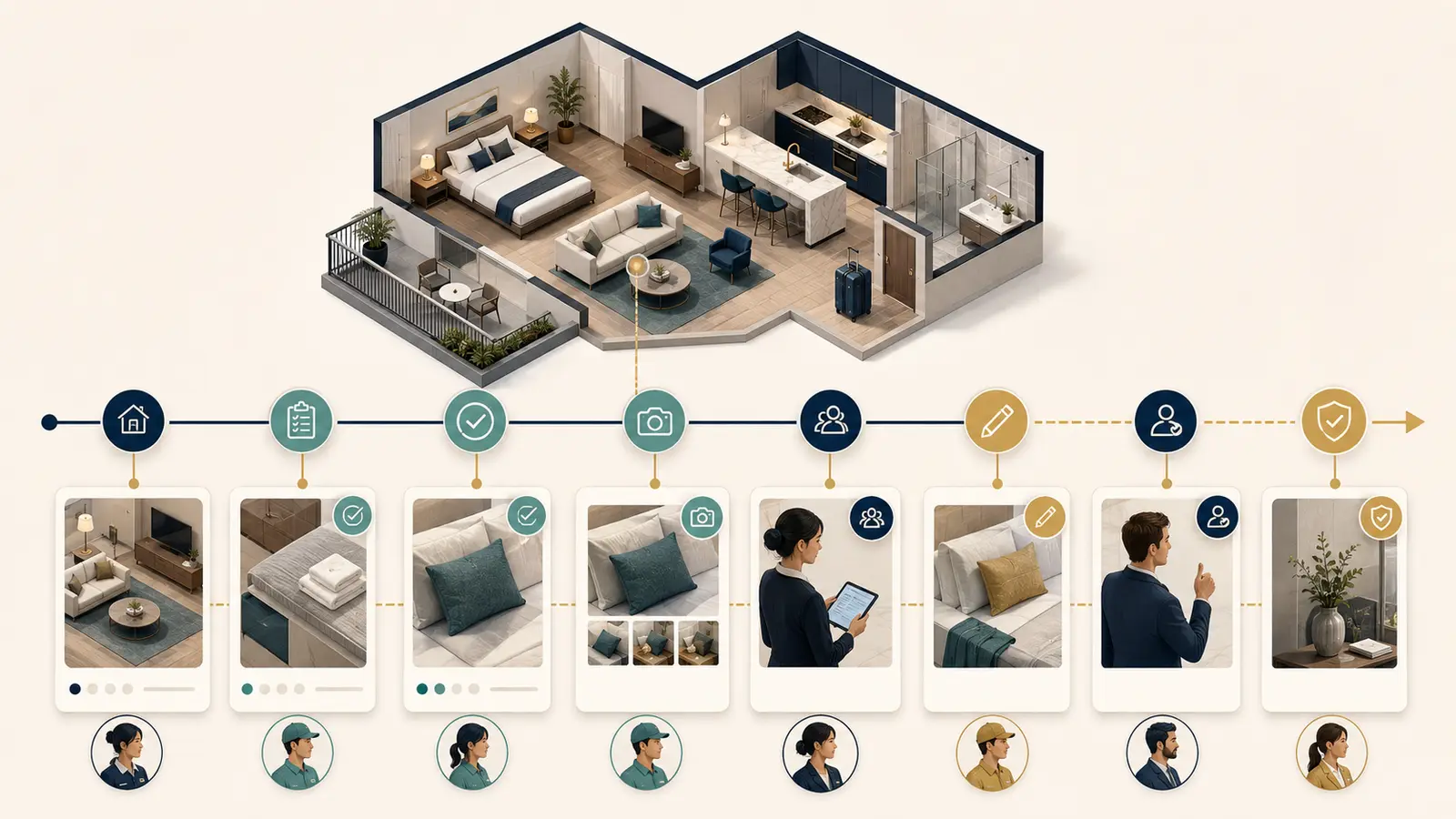 Isometric vacation-rental workflow with a chronological history of task, photo, timestamp, review, correction, and approval.
