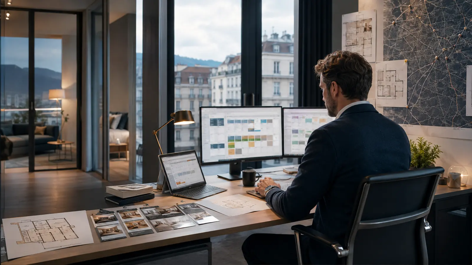 A portfolio manager coordinates floor plans, property images, and occupancy schedules for several vacation rentals at his workstation.