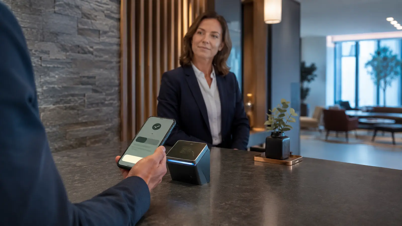 Ein Gast zeigt beim Check-in einen digitalen Identitätsnachweis auf dem Smartphone, während eine Mitarbeiterin der Unterkunft die Prüfung begleitet.