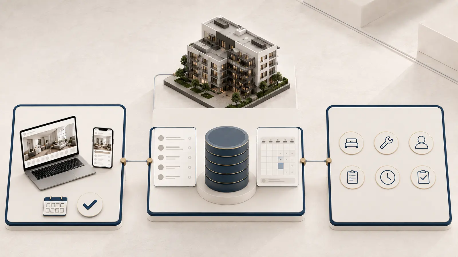 Booking platforms, PMS platforms, and Oprivia as interconnected system layers for professional accommodation operations.