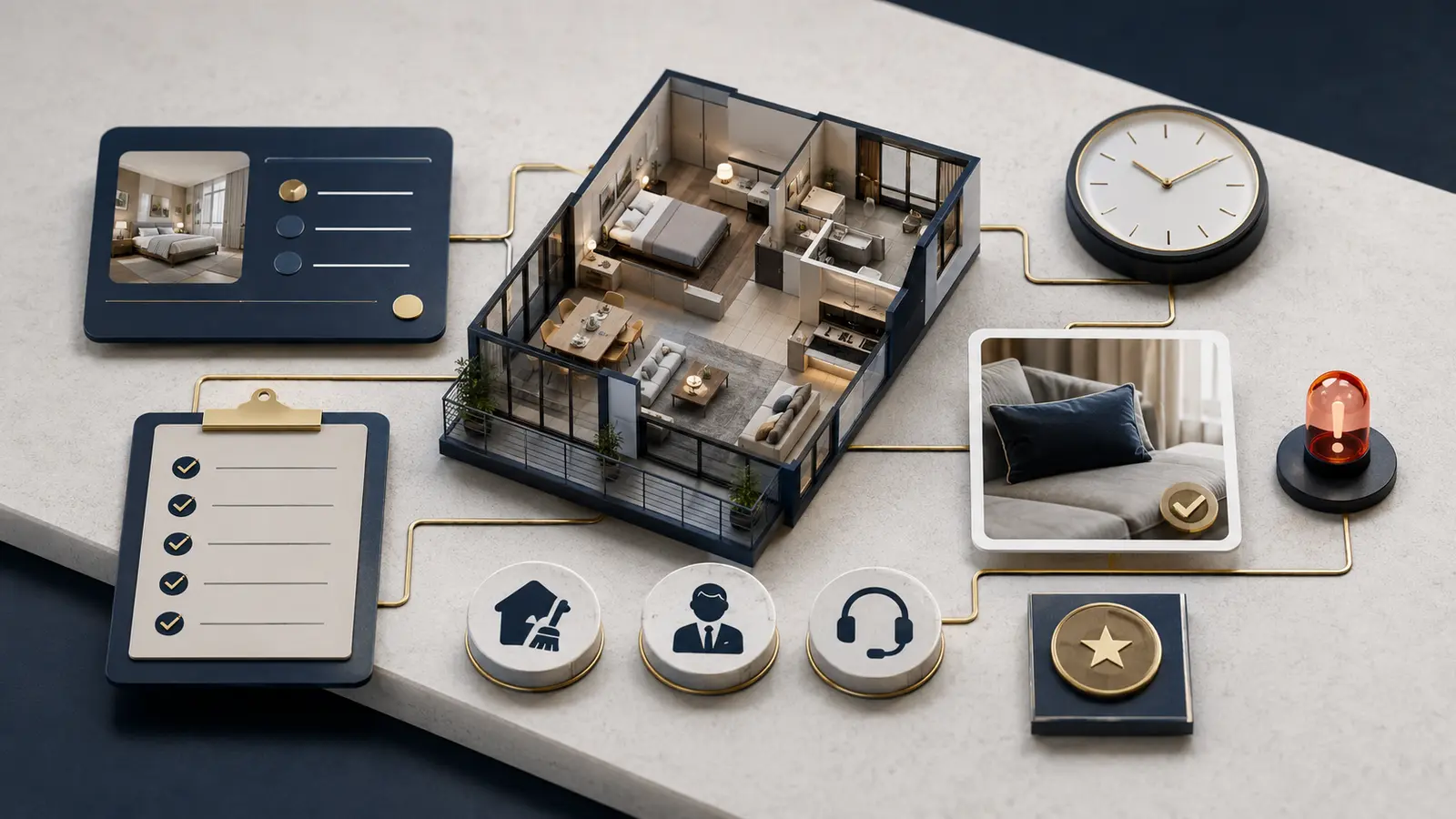 A serviced apartment connected to a checklist, roles, a deadline, condition evidence, approval, and escalation within one shared operating context.