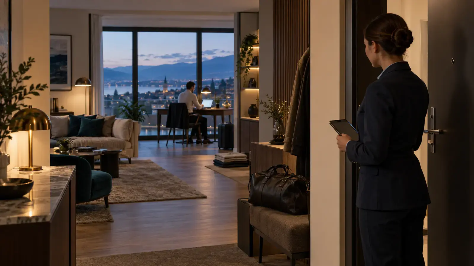A resident works in a long-occupied serviced apartment while an expected service provider reviews the assignment near the entrance.