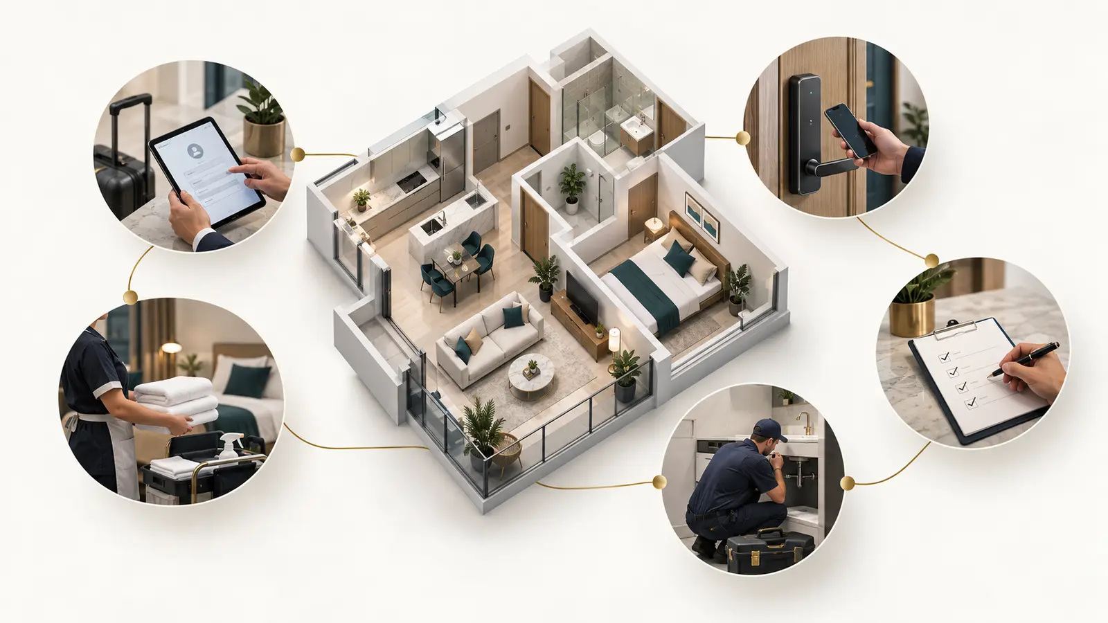 Isometric vacation rental linked to guest data, access, cleaning, inspection, and repair tasks