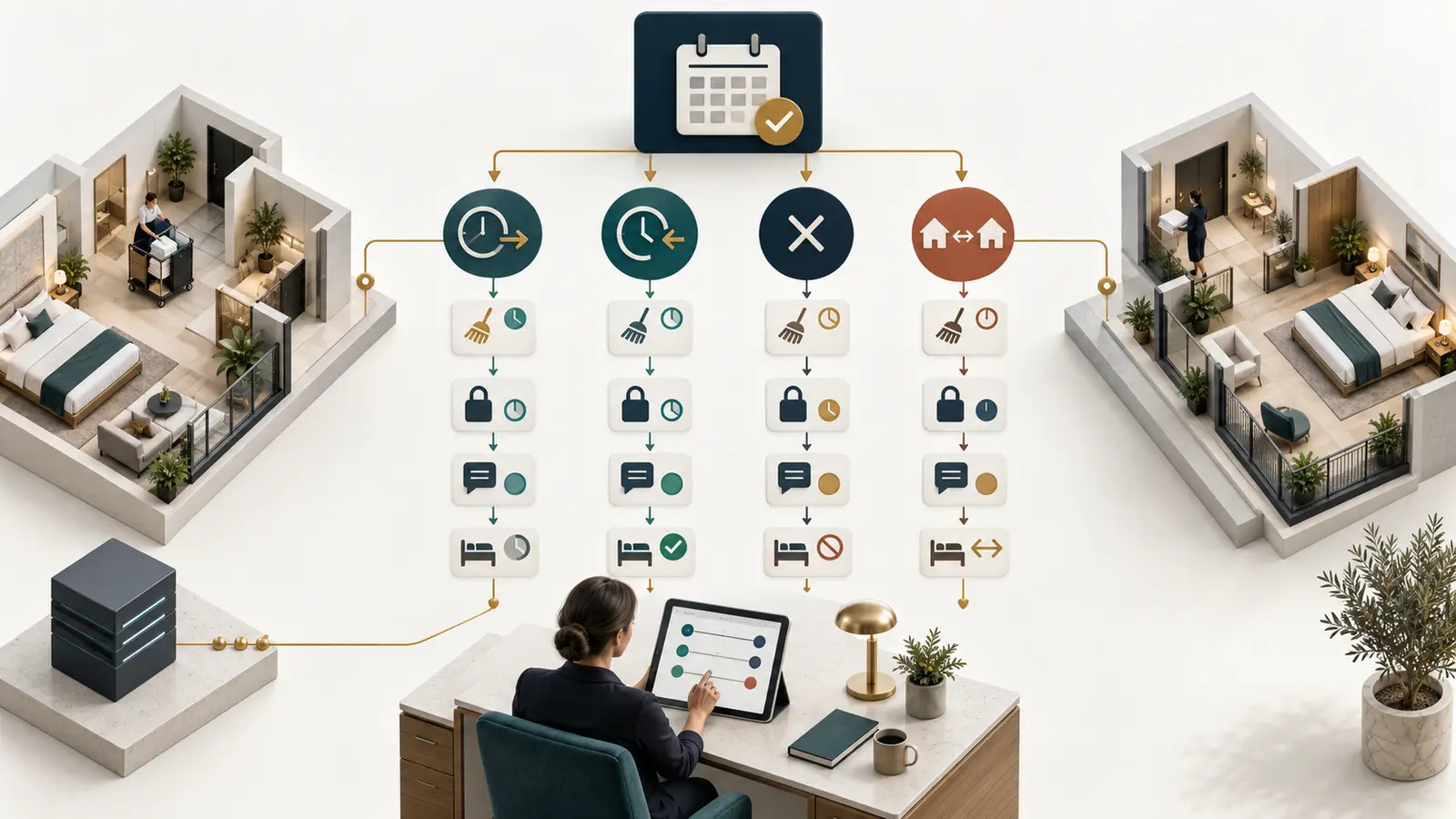 Booking calendar branching into time changes, cancellation, and a unit move with downstream operating tasks