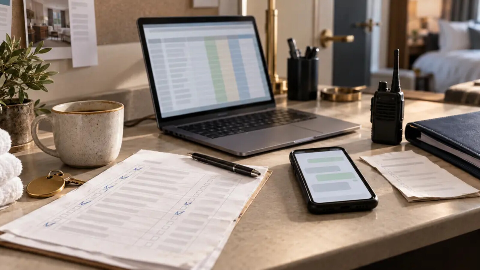 A laptop with a spreadsheet, smartphone, paper checklist, key and radio on an operations desk.