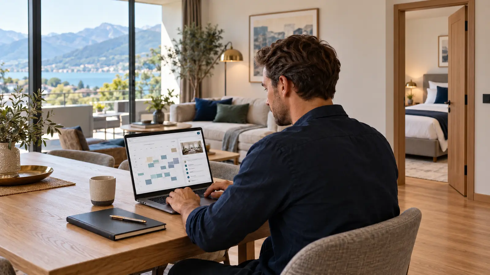 Gastgeber arbeitet am Laptop mit Kalenderübersicht in einer Ferienwohnung.