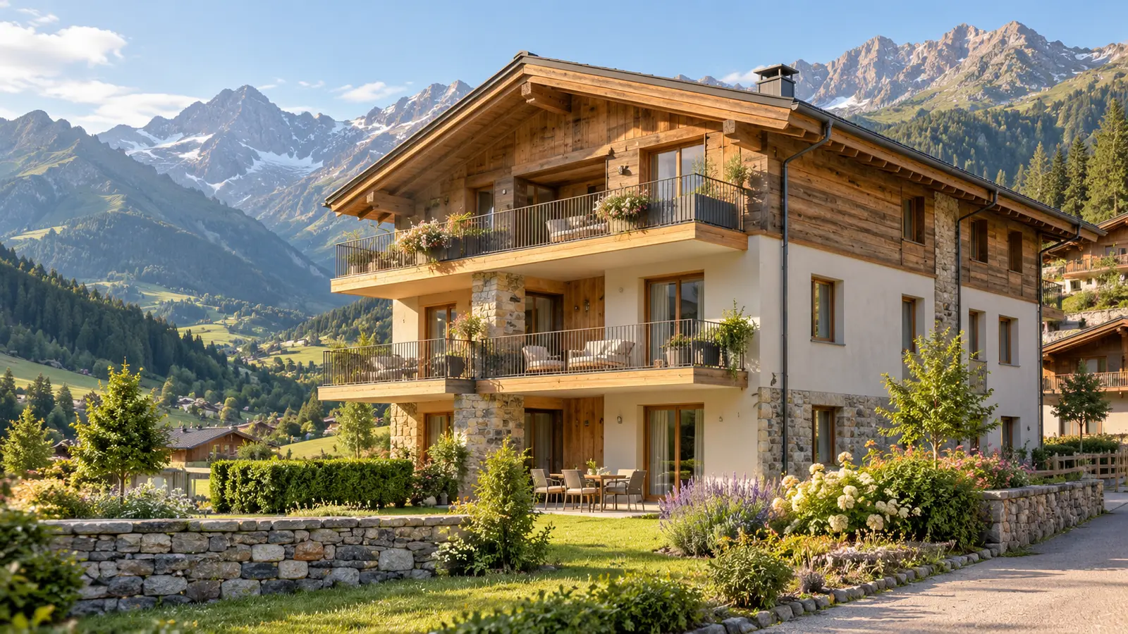 Ferienapartmenthaus mit Holzbalkonen und Garten vor einem alpinen Bergpanorama.