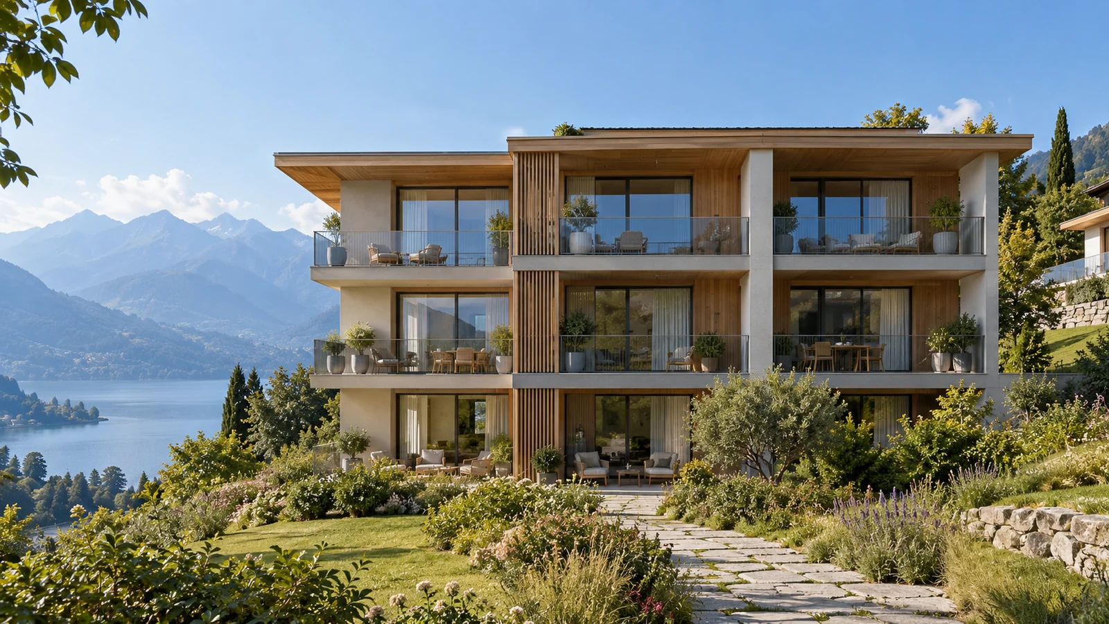 Offene Apartmentküche mit petrolfarbenen Schränken, Holzesstisch und Blick auf einen bepflanzten Balkon.