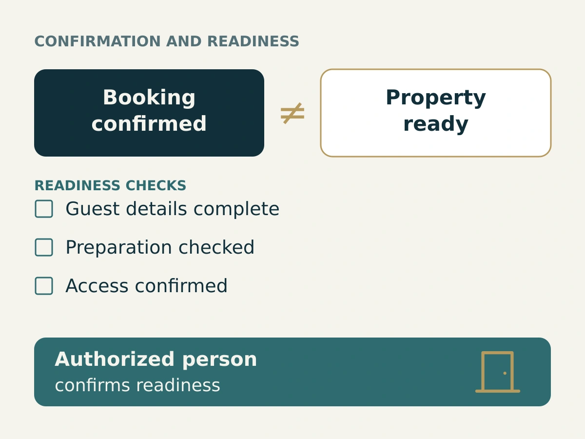 An open checklist separates a confirmed booking from property preparation and readiness approval.