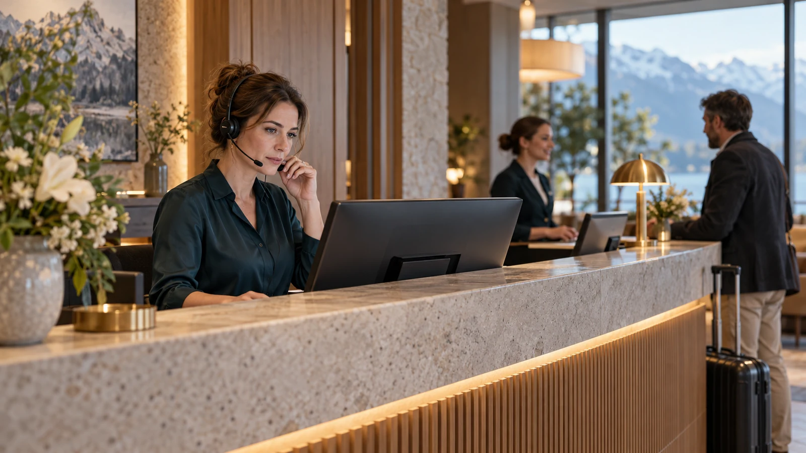 A receptionist wearing a headset works at a hotel front desk while a guest is assisted in the background.