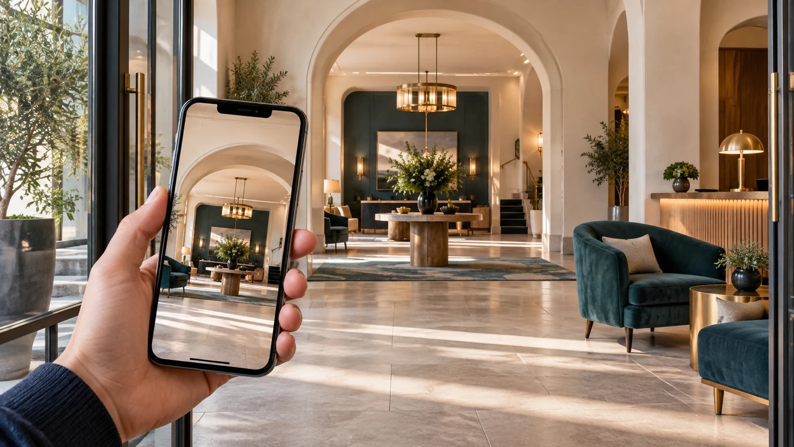 Eine Hand hält ein Smartphone mit dem Bild einer Hotellobby vor dieselbe Lobby, sodass digitale Darstellung und tatsächlicher Raum verglichen werden können.