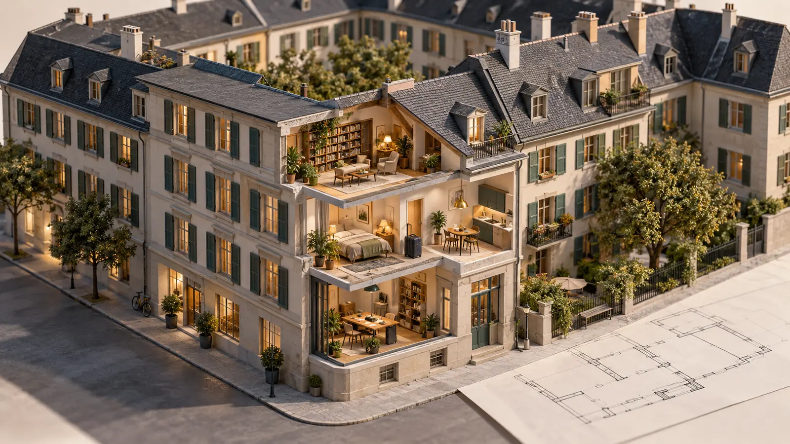 Editorial illustration of an urban apartment building with cutaway facades revealing furnished rooms, beside a drawn floor plan.