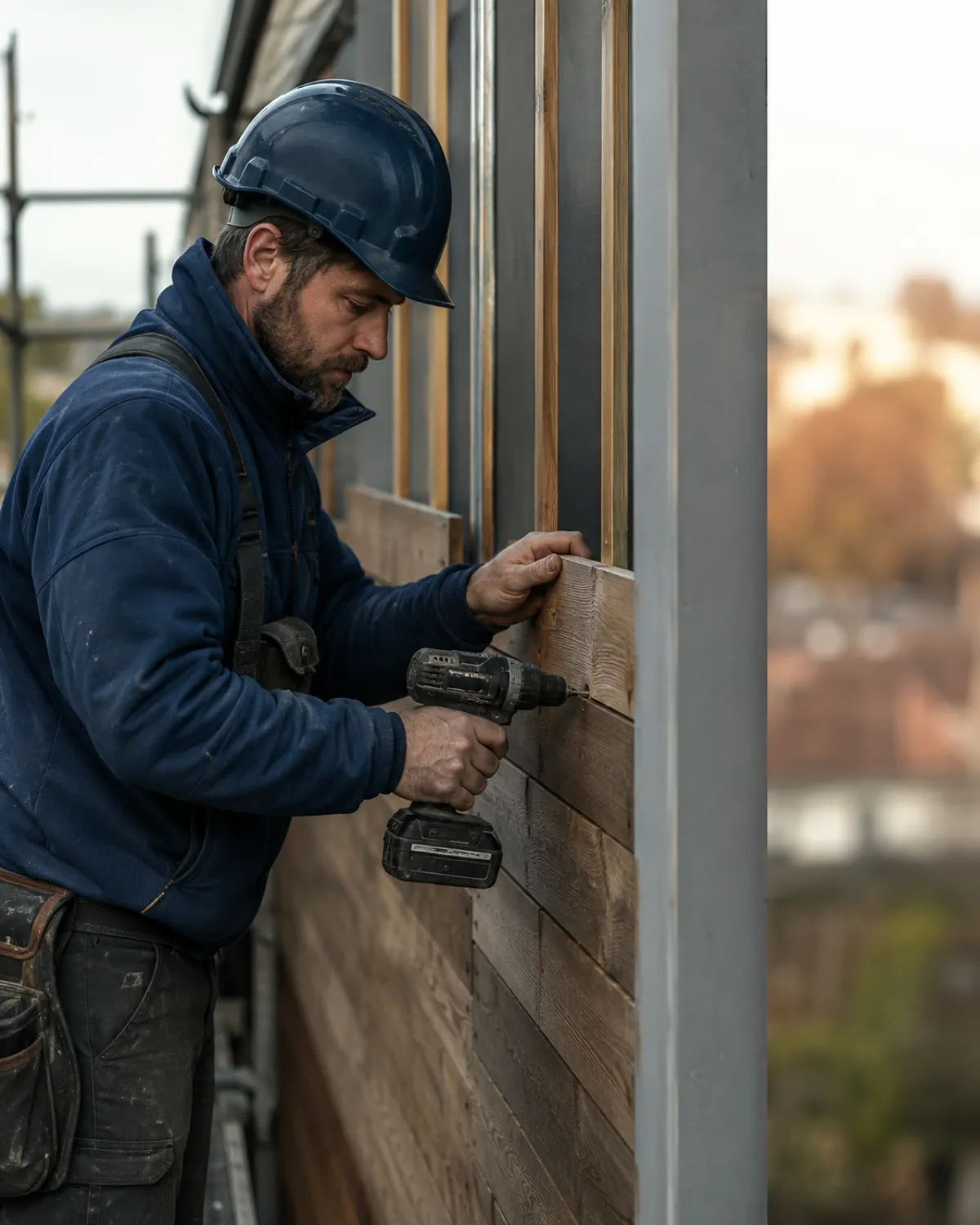 Bardeur casqué fixant des lames de bardage bois sur une ossature de façade