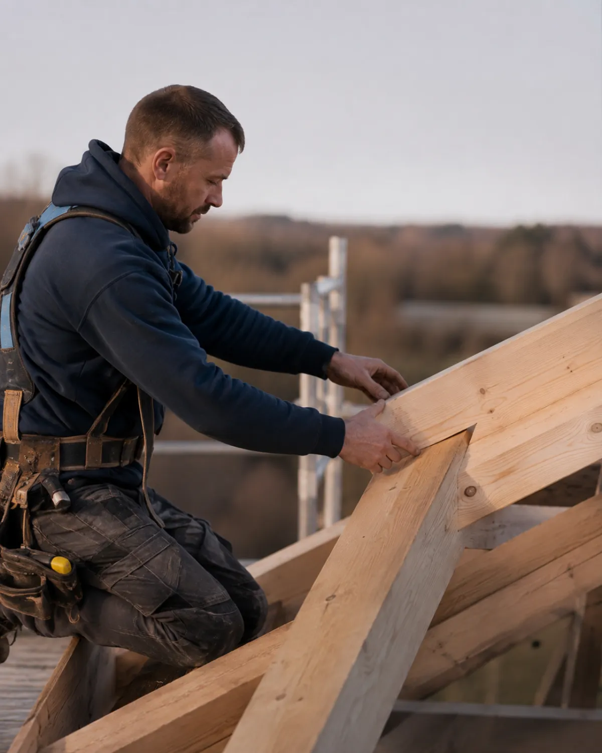 Charpentier harnaché assemblant des pièces de charpente bois sur une toiture
