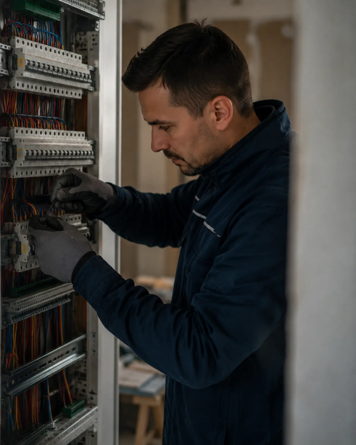 Électricien ganté raccordant les départs d'un tableau électrique