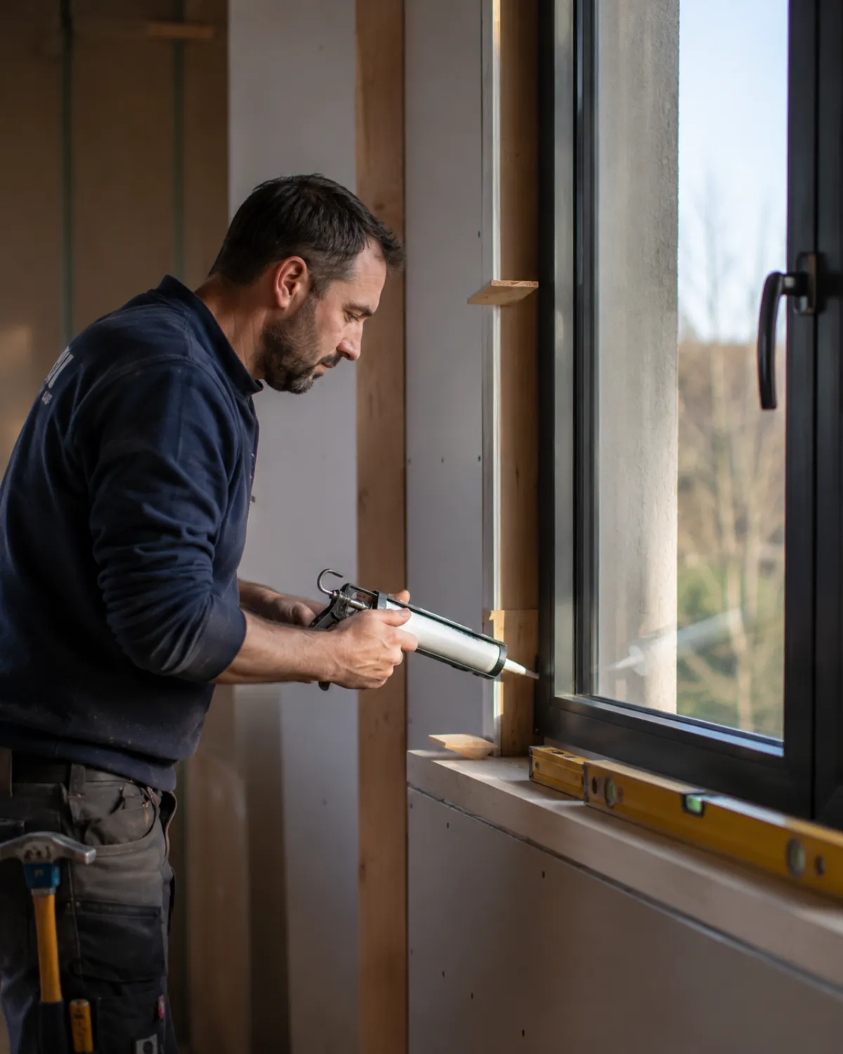 Menuisier calfeutrant le tableau d'une fenêtre neuve