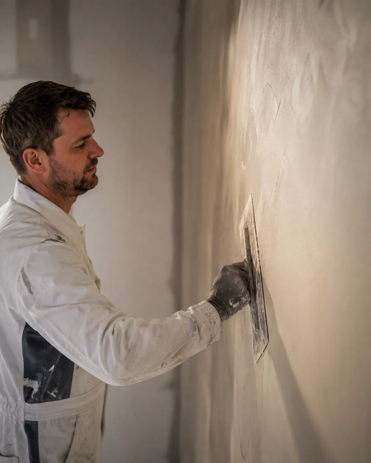 Peintre en combinaison lissant un enduit de finition sur un mur