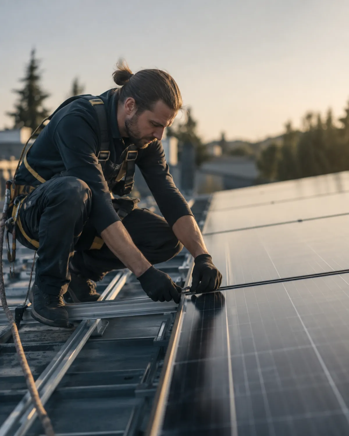 Technicien harnaché fixant des panneaux solaires sur des rails en toiture