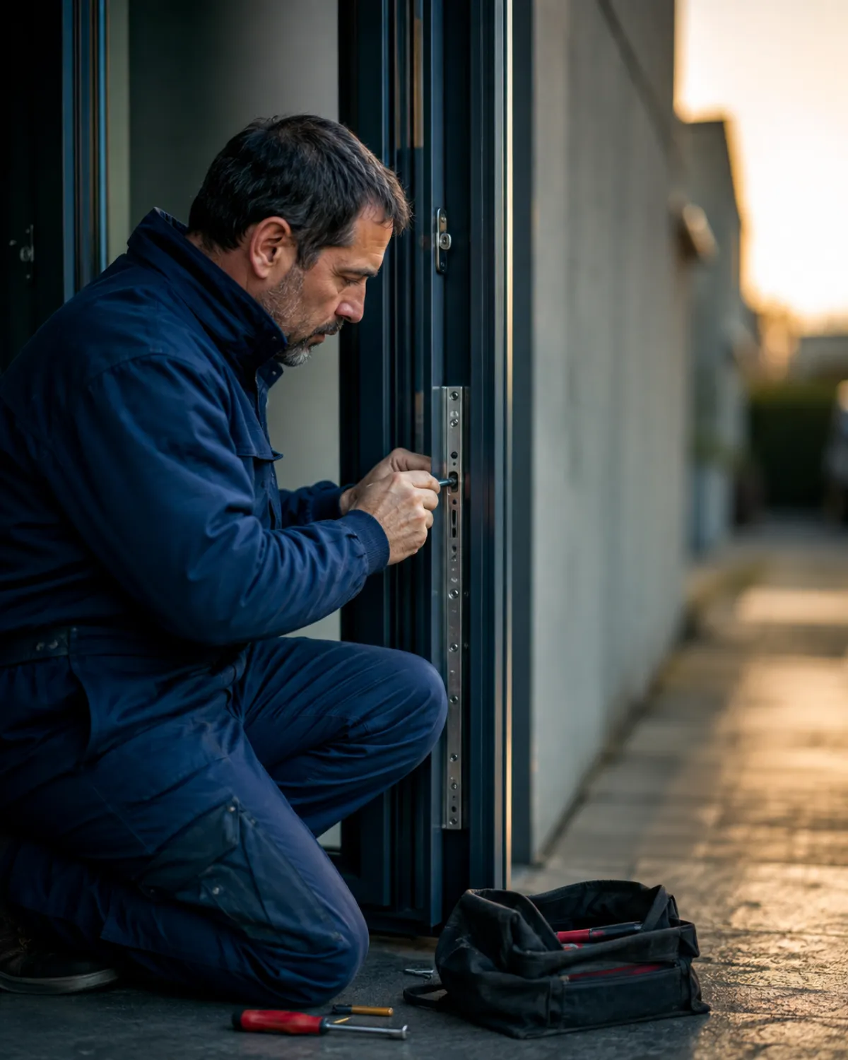 Serrurier ajustant la ferrure d'une porte de sécurité